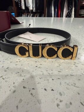 Gucci Black Leather Slim Belt with Gold Buckle